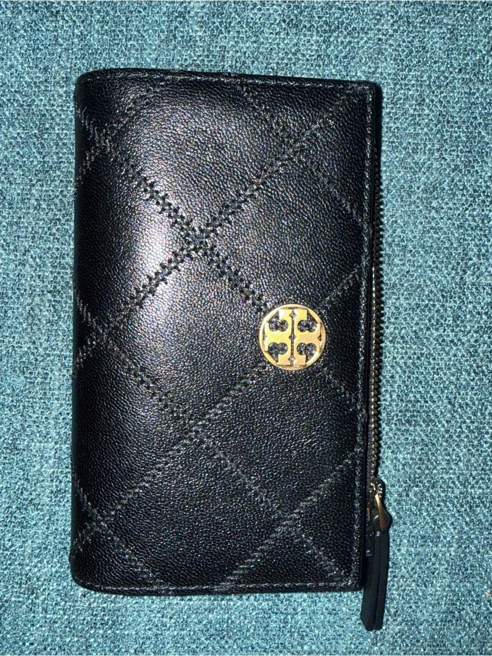 Tory Burch Black Quilted Leather Zip Card Wallet with Gold Logo